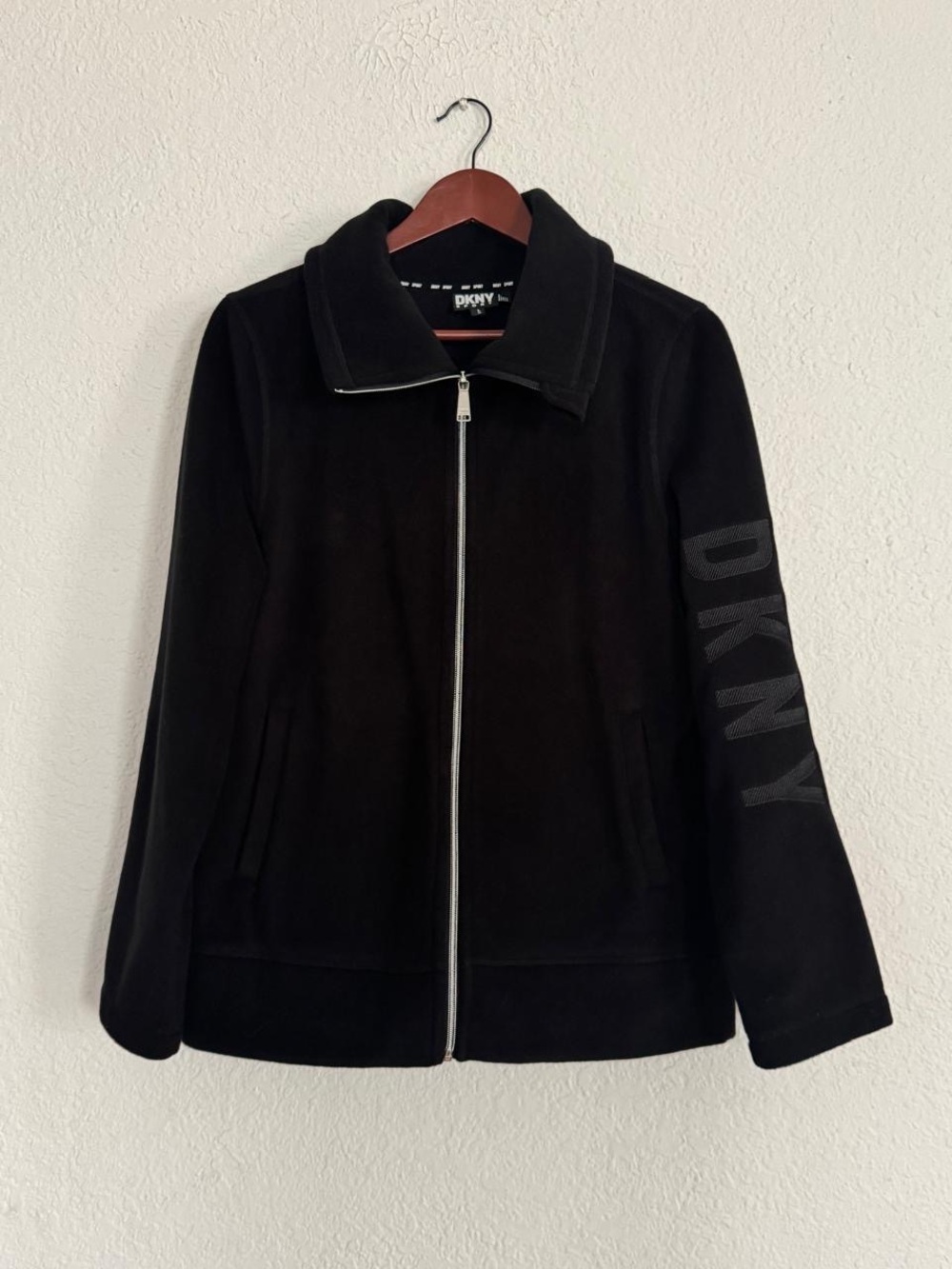 DKNY Black Zip-Up Fleece Utility Jacket with Sleeve Logo